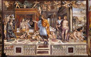 Ραφαήλ/Σοντόμα, Οι γάμοι του Μεγάλου Αλεξάνδρου με τη Ρωξάνη, τοιχογραφία, περ. 1517. Ρώμη, Βίλα Φαρνεζίνα. Έργο του Σοντόμα που βασίζεται σε σύνθεση του Ραφαήλ, η οποία αποδίδει έργο του Αετίωνος σύμφωνα με την Έκφραση του Λουκιανού